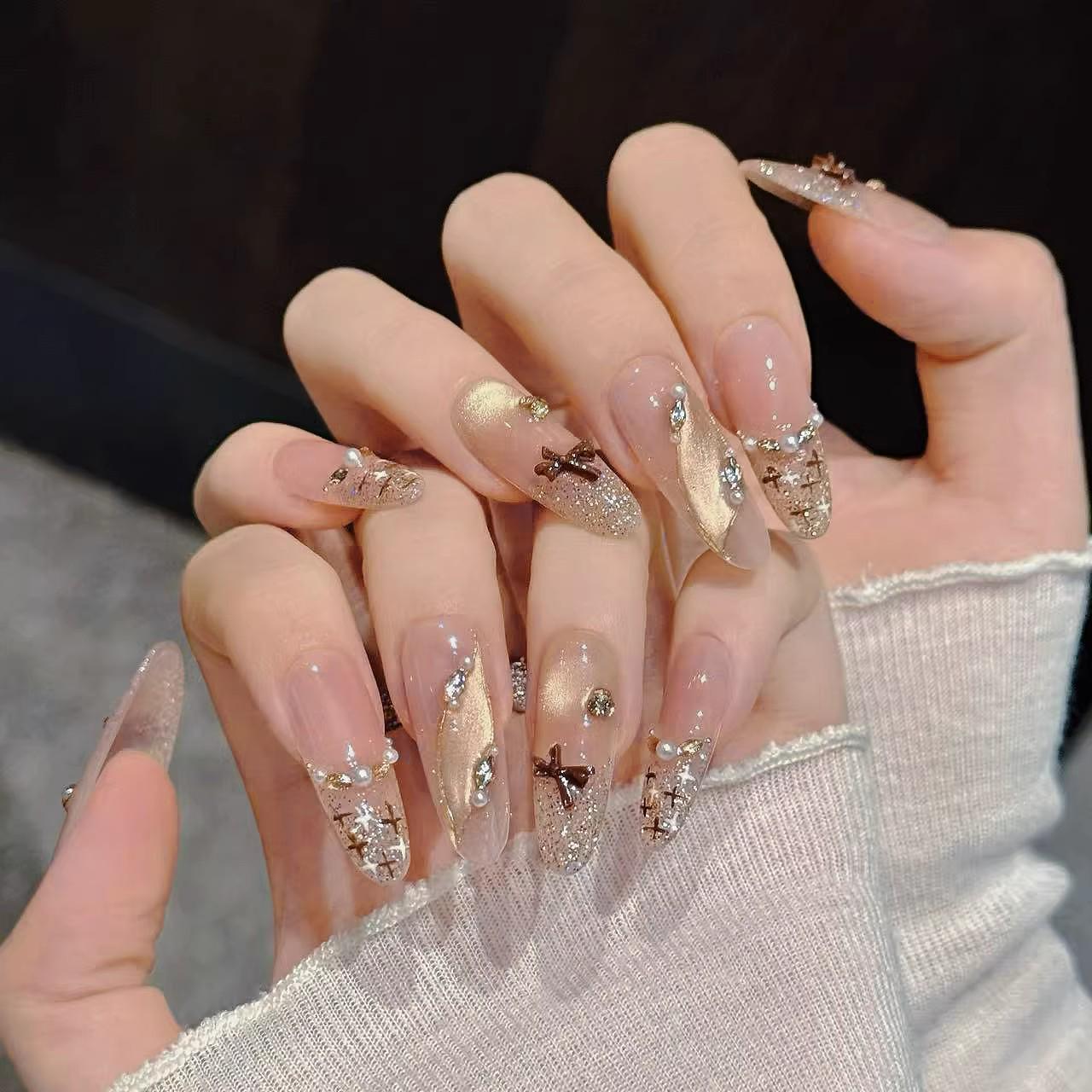 Mocha Coco Handmade Sparkly French Cat Eye Bow Nails - Autumn/Winter Brightening Style Stickers Medium M