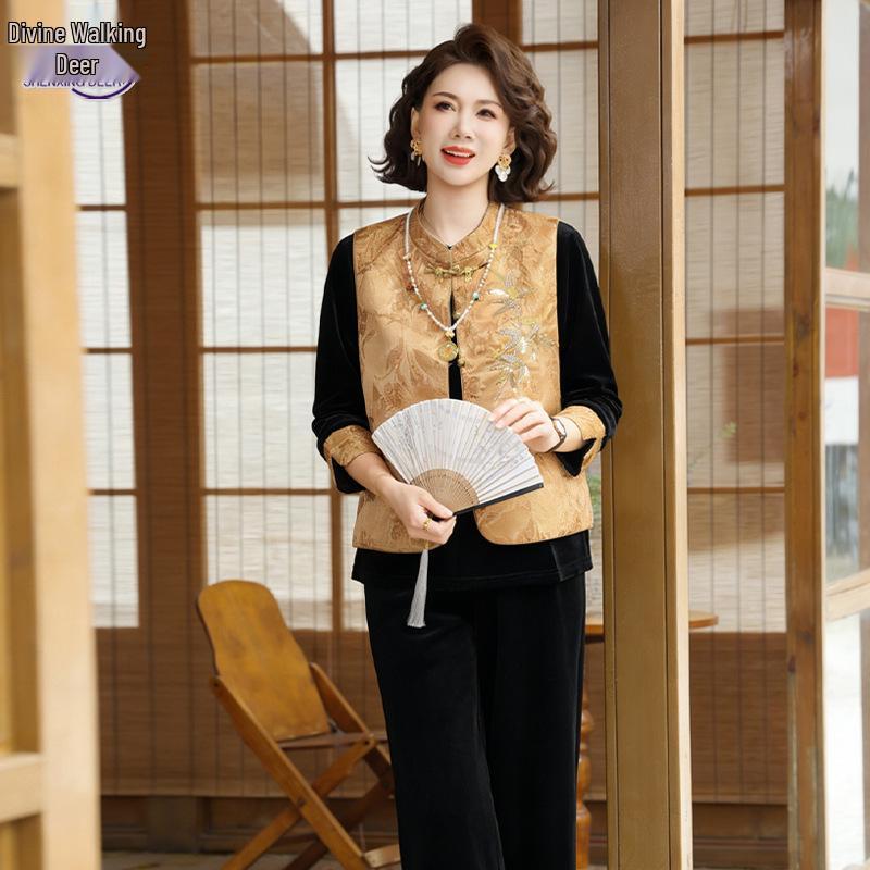 Spring/Autumn Gold Velvet Three-Piece Set: Chinese-Style Vest & Embroidered Top for Middle-Aged and Elderly Women.