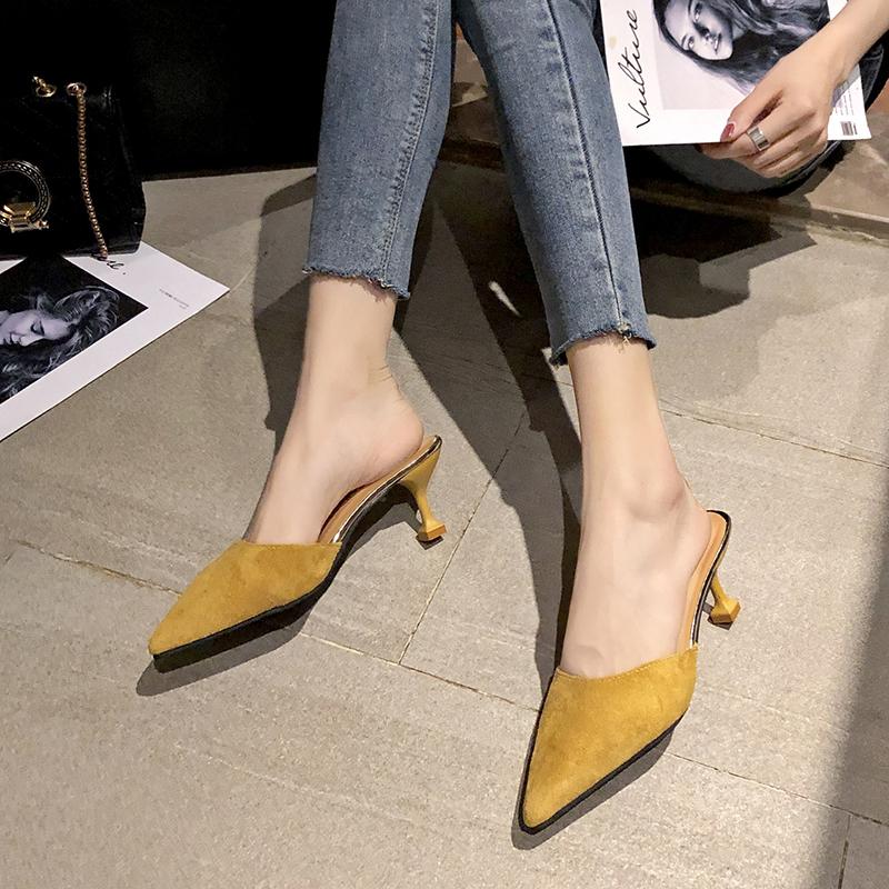 Classic Sandals for Women Slides Casual Thin High Heels Shoes for Women Solid Flock Slip on Pointed Toe Summer Sandals Plus Size