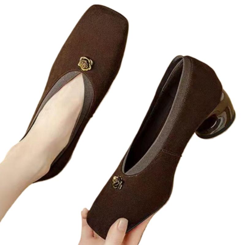 Women Flower High Heels Square Toe Suede Shoes 2025 Brand Trend New Elegant Office Shoes Casual Walking Pumps Zapatillas Mujer
