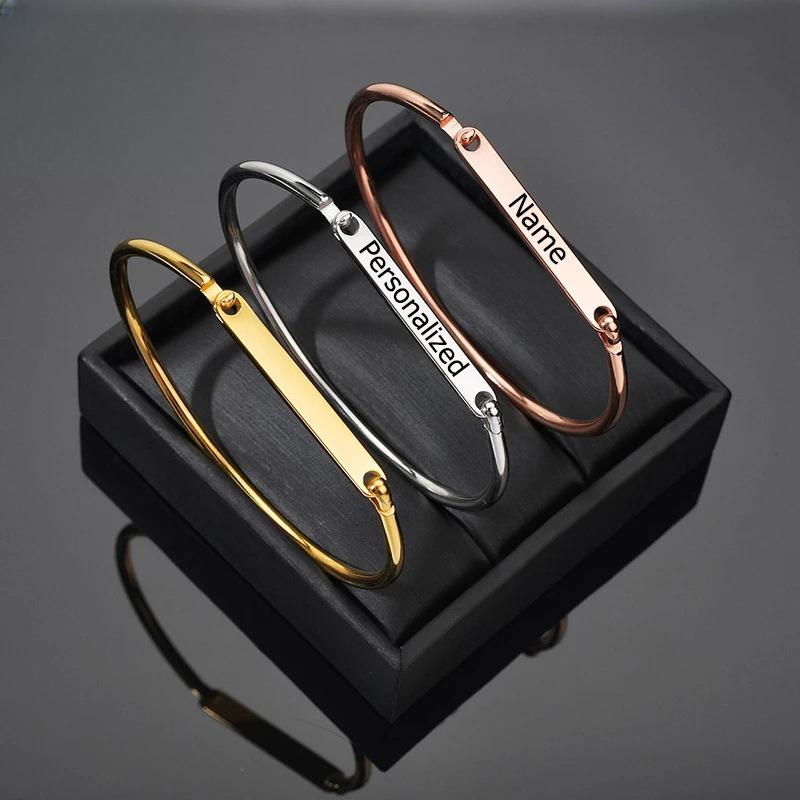 Hand-decorated Customized Bracelets Engrave Name Bracelet Cuff Bangle Stainless Steel Engrave Bangles for Women