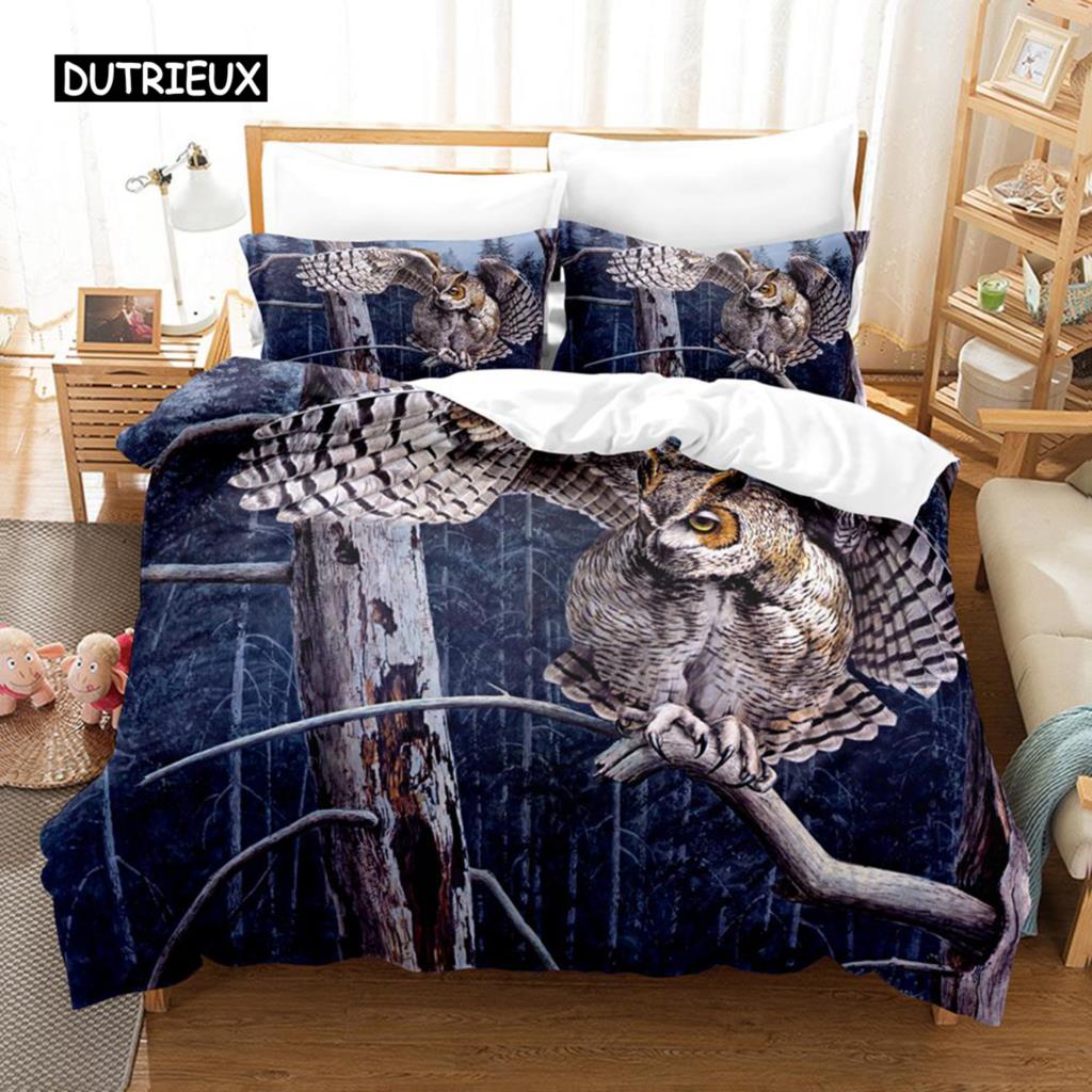 Owl Duvet Cover Set Microfiber Cute White Owl Comforter Cover Bird Animal Quilt Cover for Boys Teens Adults Double Queen Size