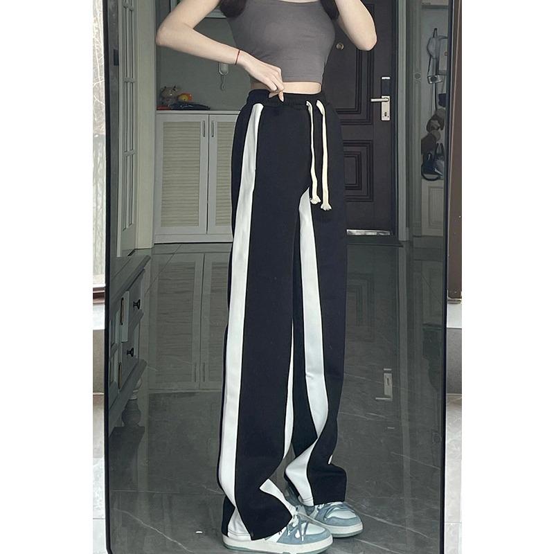 Black & White Side Stripe Wide-Leg Pants - Loose, Casual, Drape Floor-Length, Straight-Leg Sweatpants for Summer