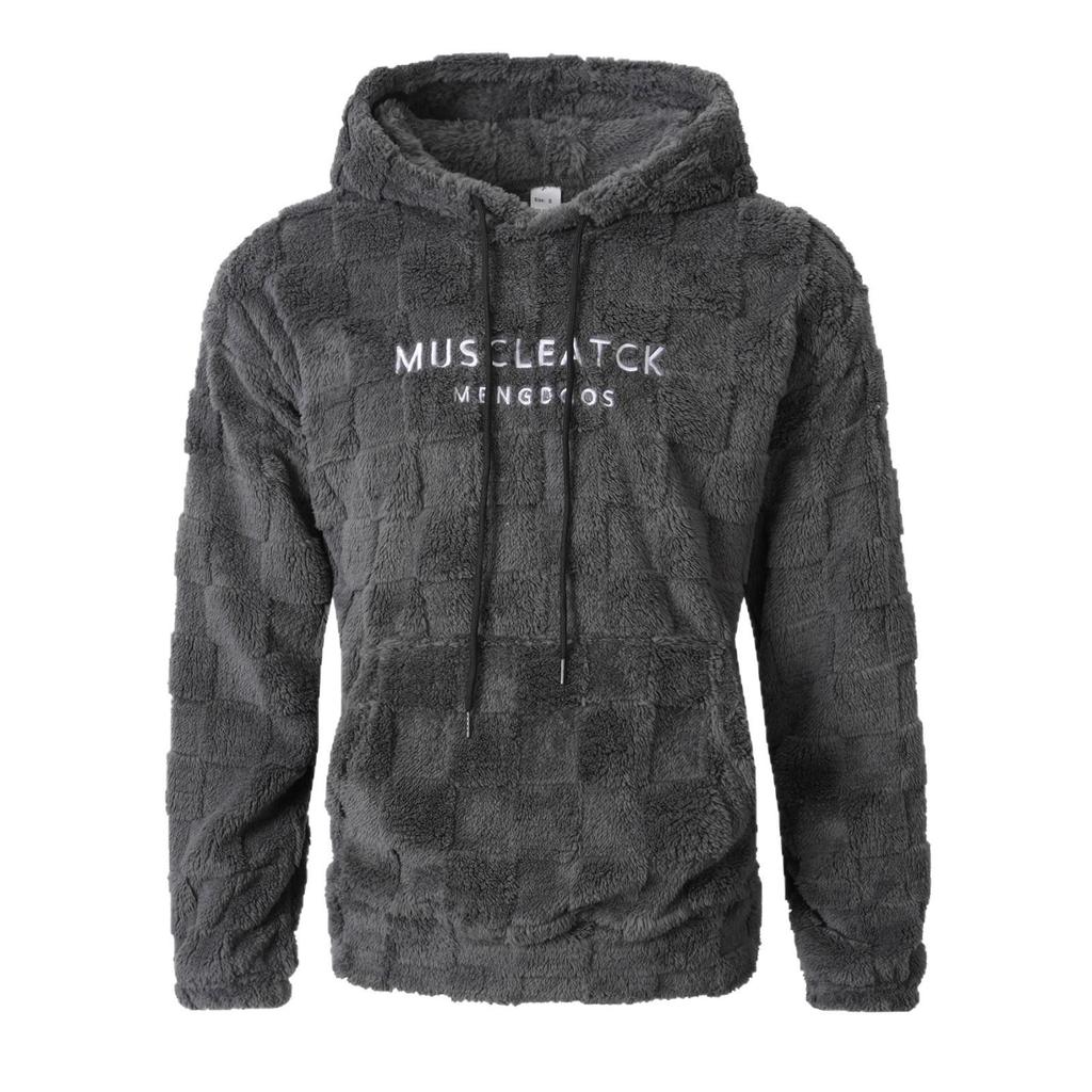 2025 Autumn/Winter Men's Embroidered Fur Hoodie with Drawstring