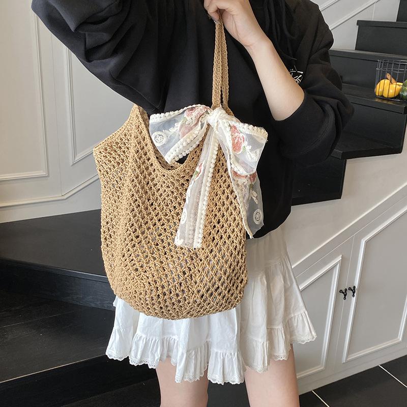 Summer Lace Bow Tote Bags Women Raffia Knitting Woven Shoulder Bag  Rattan Large Casual Crochet Shopping Bag Ladies Handbag