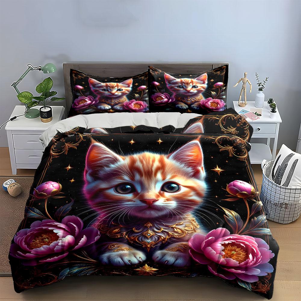 Elegant Floral Cat Art Set - Home Decor Kid'S And Adults' Bedroom Decor, Exquisite Three-Piece Bedding Set Gift