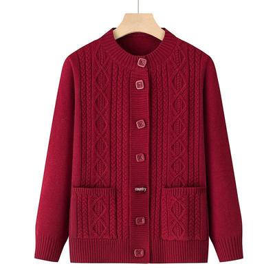 Red Long-Sleeve Knit Cardigan for Mothers - Elegant Autumn Sweater for Middle-Aged Women