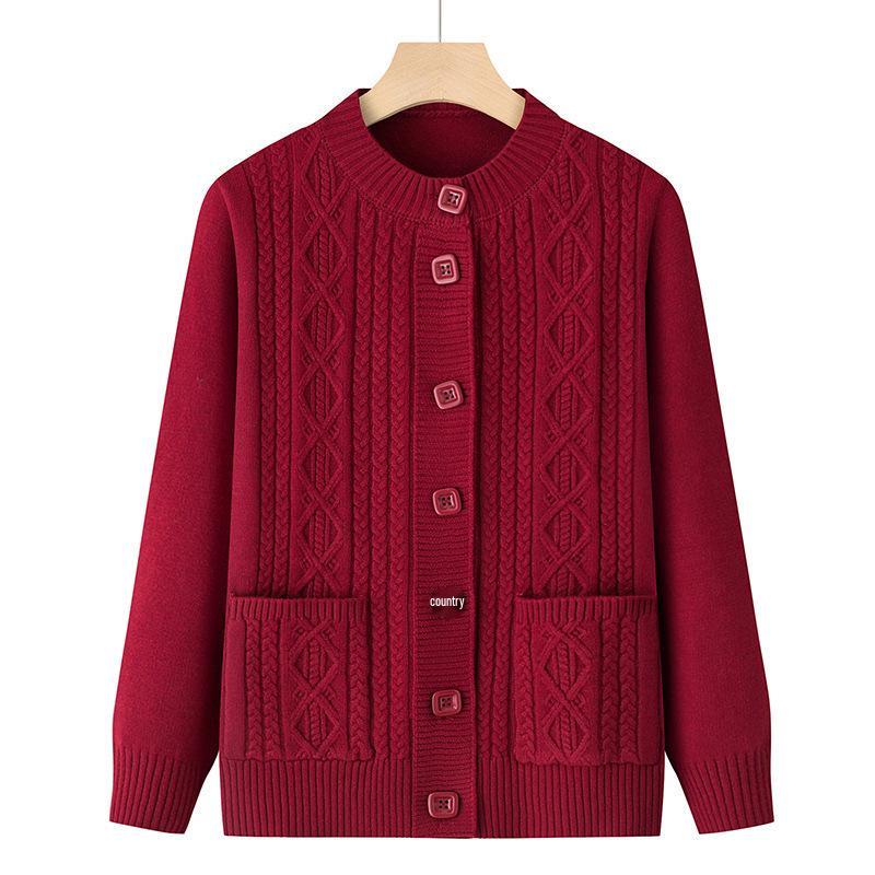 Cardigan a Maglia Rosso a Maniche Lunghe per Mamme - Elegante Maglione Autunnale per Donne di Mezza Età