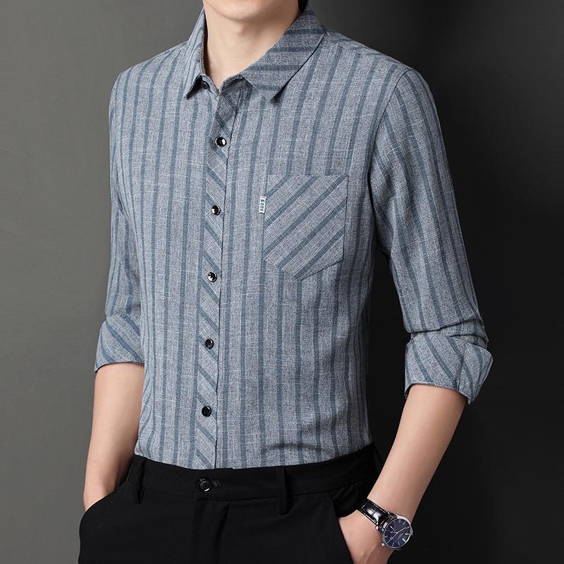 Long-sleeved Striped Spring and Autumn Shirt for Men Middle-aged Business Casual Real Pocket Cotton and Linen Dad Men's Shirt
