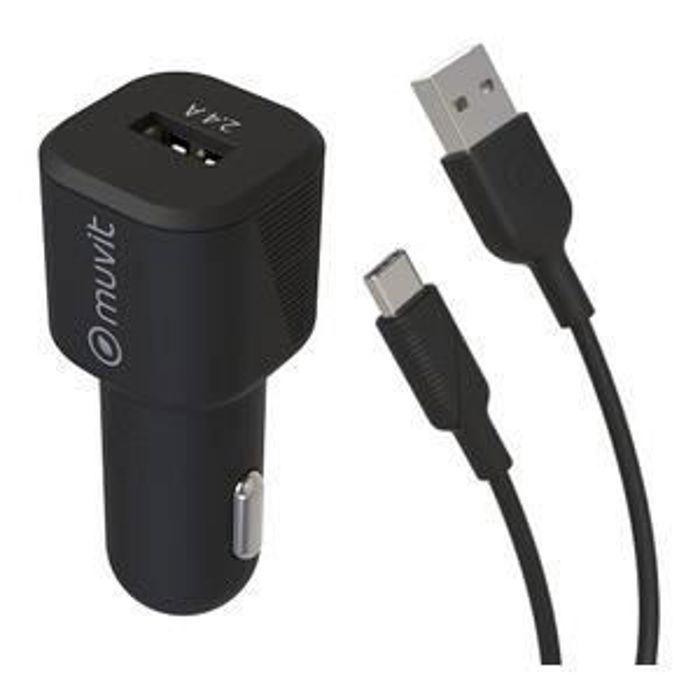 MUVIT FOR CHANGE Pack Cargador de Coche 12W + Cable USB C - 1.2 m - Negro