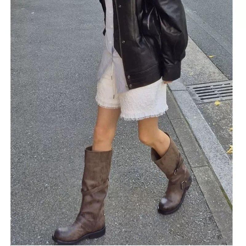 Mid-Tube Boots Fashion New Round Toe Sleeve Metal Buckle Pleated Anti-Slip Wear-Resistant Single Boots