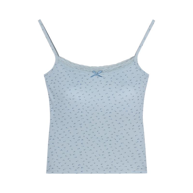 Sweet & Spicy Blue Lace Trim Floral Camisole with Chest Pads for Women