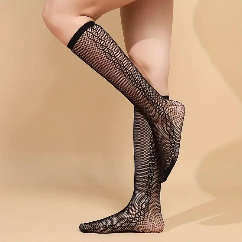 3 Paires Bas en Maille Printemps Été Chic Tendance Mi-Mollet Bas Aérés Confortables Chaussettes en Maille Noire Legwear Mode