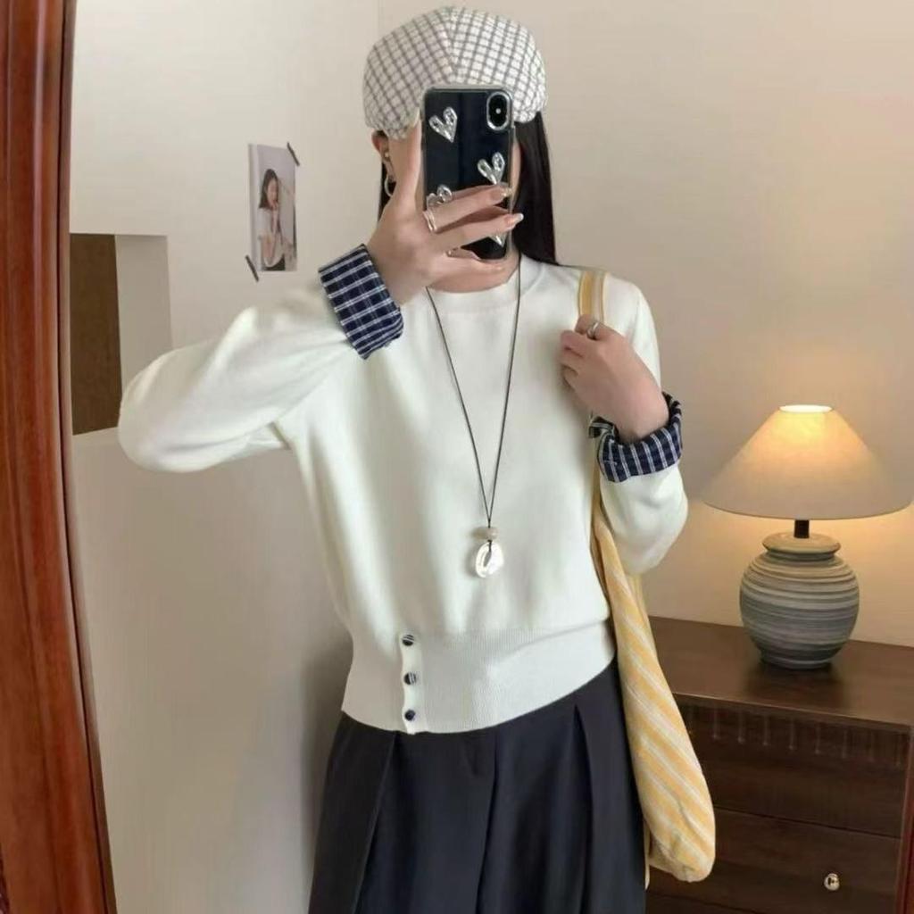 Petite Women's Korean Plaid Patchwork Round Neck Sweater - Autumn/Winter Style