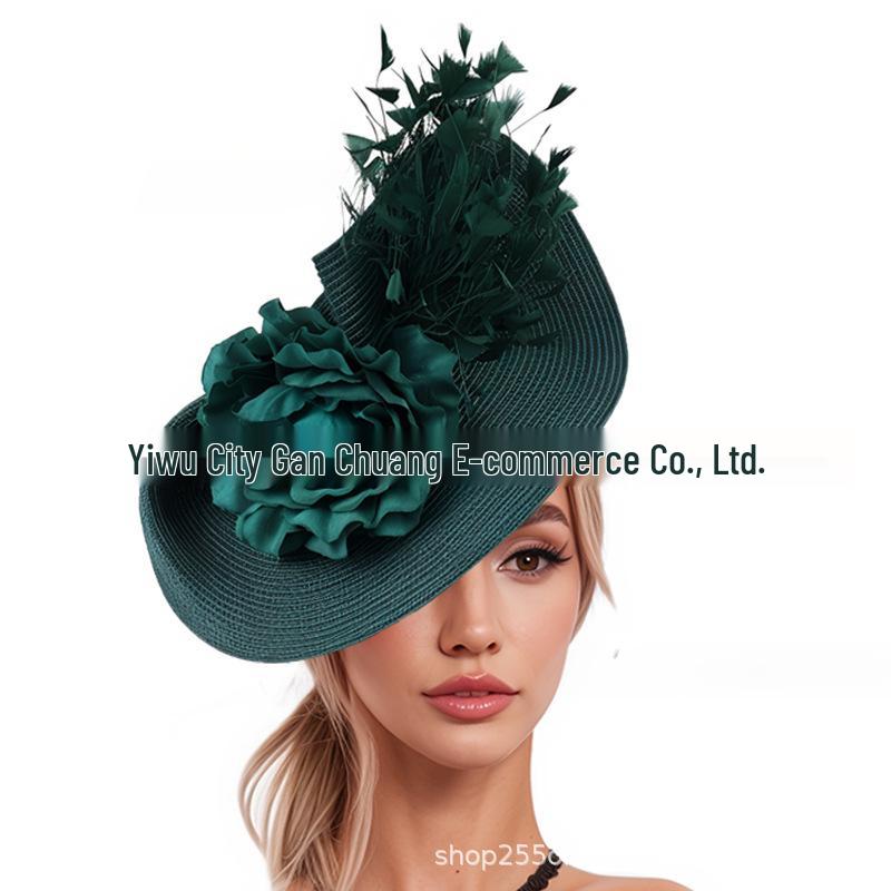 Elegant Straw Exaggerated Top Hat with Flowers & Feathers Headband Hair Accessory