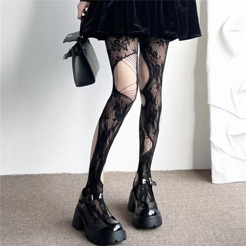 Floral Jacquard Sexy Stockings Women Gothic Punk Black Fishnet Pantyhose Harajuku Lolita Irregular Ripped Holes Mesh Tights