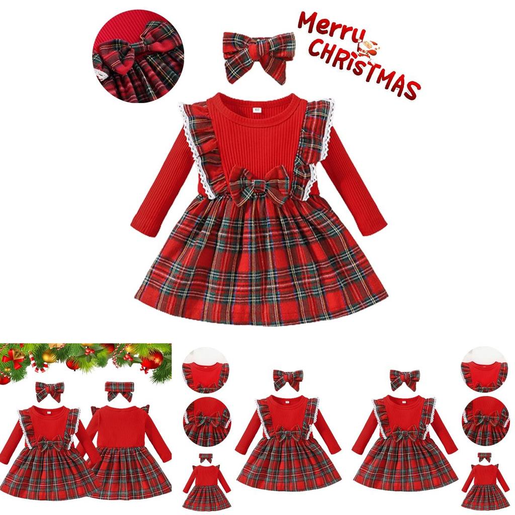 Toddler Xmas Plaid Printed Long Sleeve Christmas Dress
