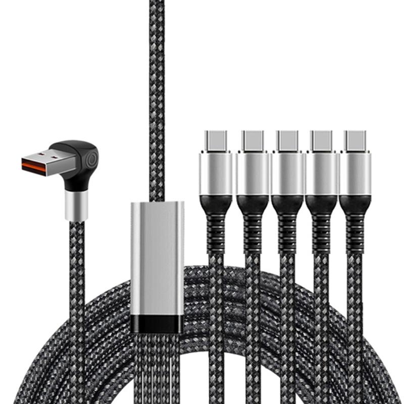 

Right Angle USB A Male to 5 Type-C Male Cord 150cm Multi Charging Data Cable 66W USB Fast Charging Cord for Phone 1