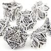 7 Pcs White Leaf Flower Metal Dice Hollow Metal Polyhedral Dice Set Suitable For Role-Playing Game