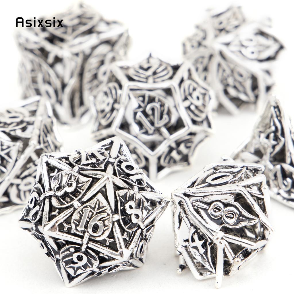 7 Pcs White Leaf Flower Metal Dice Hollow Metal Polyhedral Dice Set Suitable For Role-Playing Game