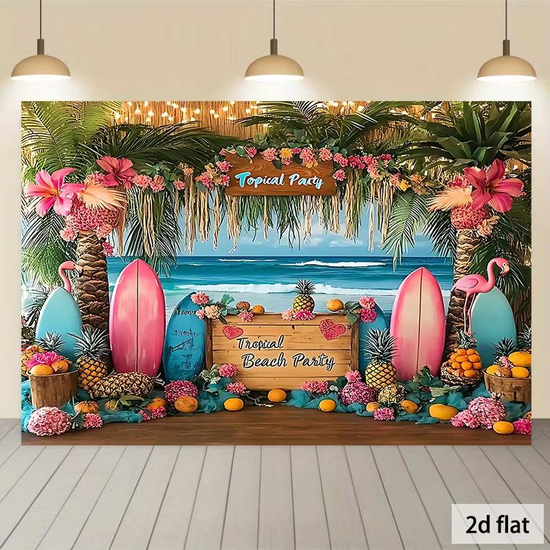 

2D Luau Themed Backdrop - Flamingo Pineapple Surfboard Photography Background for Hawaiian Events 47.2x31.5inch/120*80cm