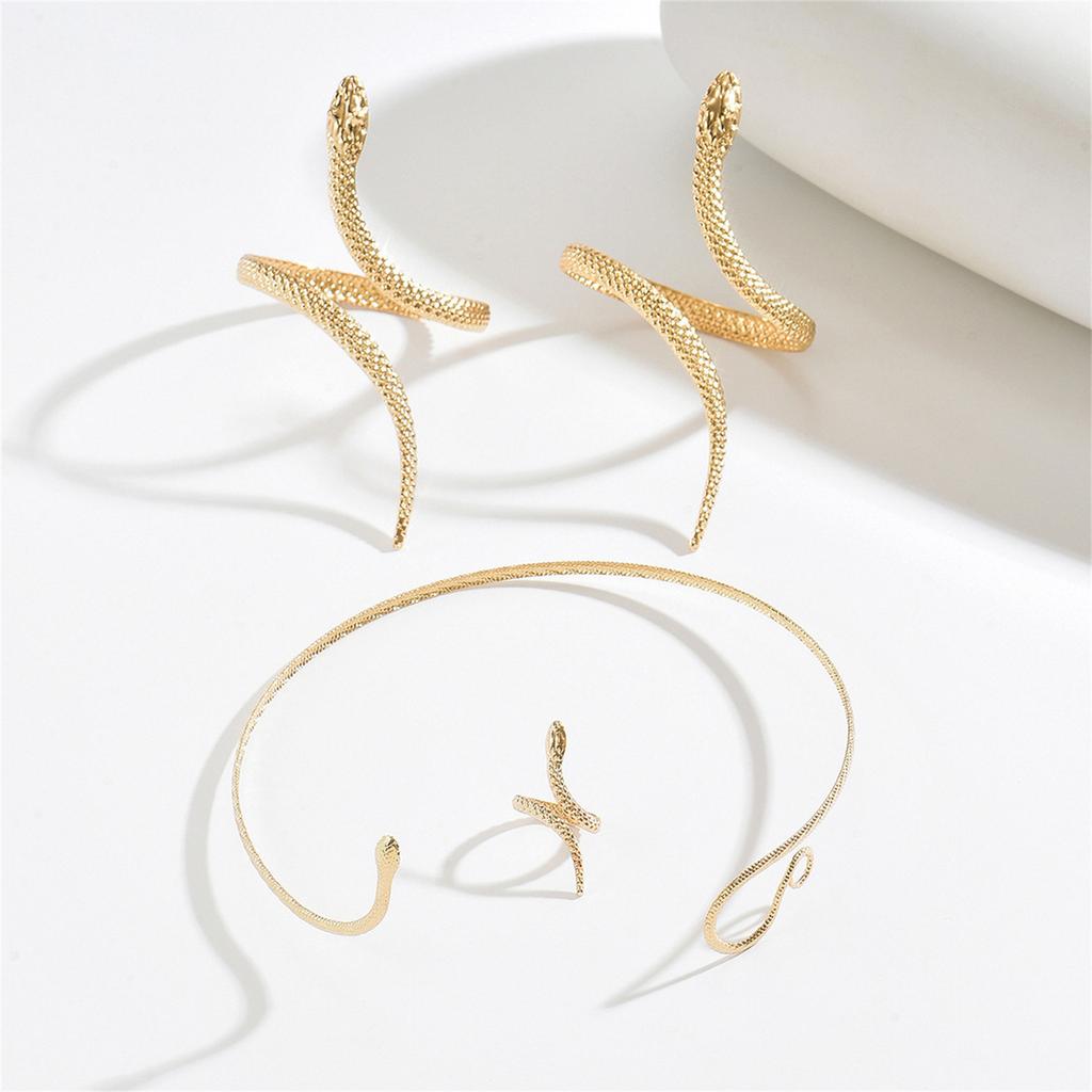 Vintage Metal Jewelry Set Snake Design Arm Cuffs Necklace Rings Gift for Woman Friend