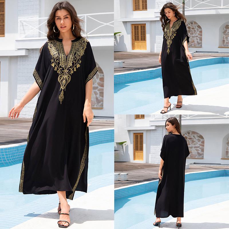 Women's Loose Long Beach Cover-up: Rayon Embroidery Bikini Sunscreen Robe