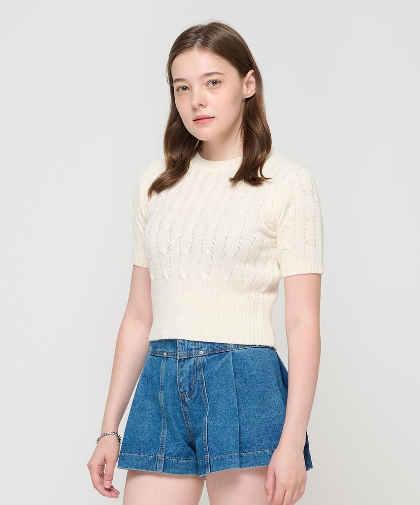 ROIDESROIS Cable Knit Short Sleeve Crop Knit (Ivory)