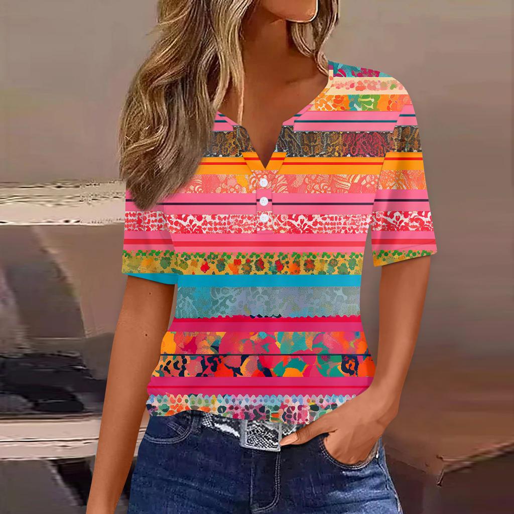 Women's T Shirt Print Button Short Sleeve Daily Weekend Fashion Basic V-Neck Regular Top