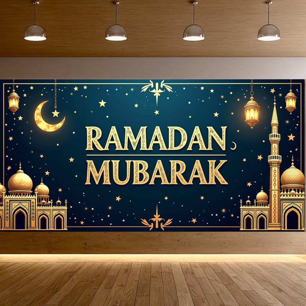 Ramadan Mubarak Banner Backdrop Lanterns Crescent Stars Mosque Party Celebration Ramadan Kareem Photography Decorations Props