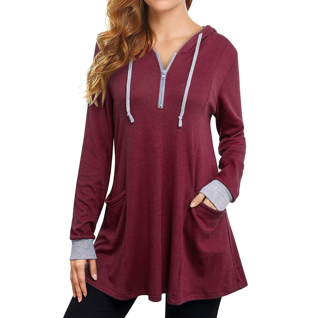 Elegant Sweatshirt Women Casual Long Sleeve Tunic Hoodie Zip Pocket Sweatshirt Pullover Hoodies Dress Women Casual Wear