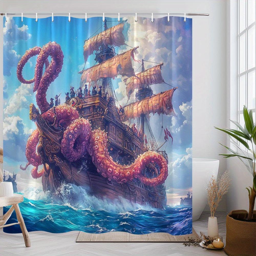 Fantasy Ocean Shower Curtain 1Pc – Octopus Wrapping Pirate Ship, Dramatic Sea Art Bath Curtain For Boys’ Room And Home Decor