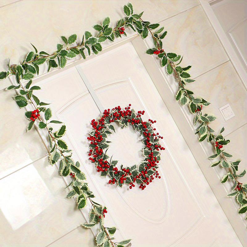1PC Christmas Tree Vine Decorations Fireplace Wreath Gardens Artificial Holly Leaves Home Plastic Xmas Trees Red Berries Holiday