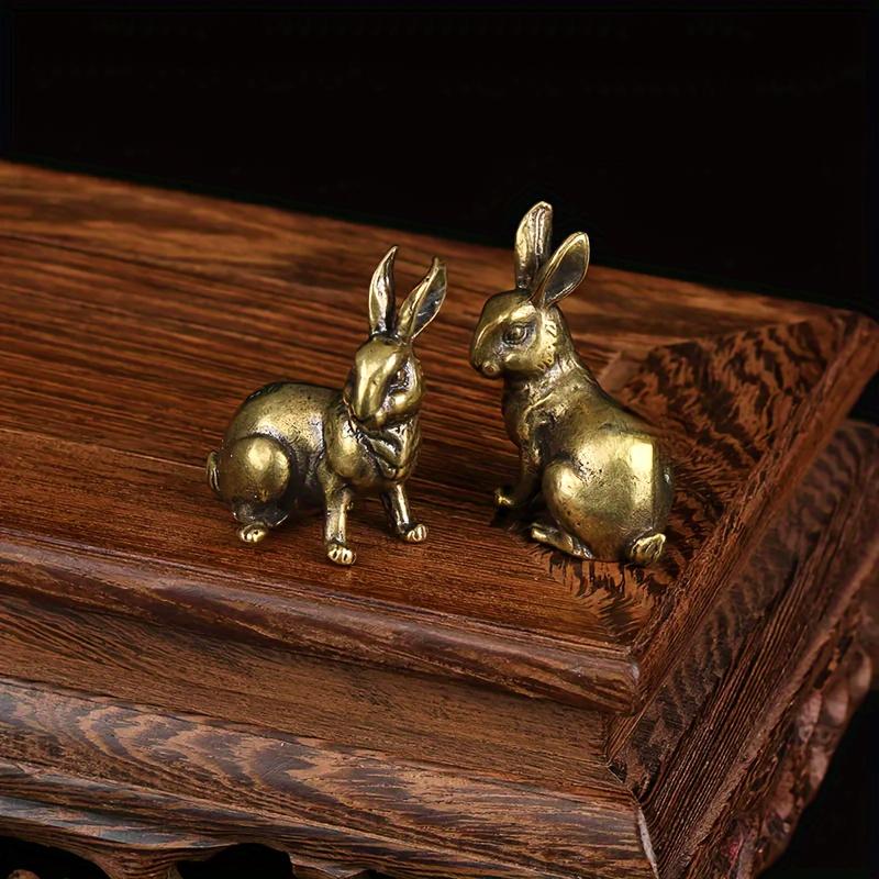 1Pair of Antique Copper Zodiac Rabbit Tea Pets Handcrafted Solid Brass Rabbits Feng Shui Home Decor Lucky Charms Ideal Various