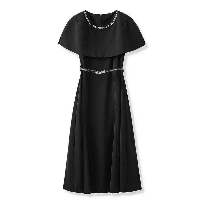 French Design Black Mid-Length Socialite Cape Dress for Women
