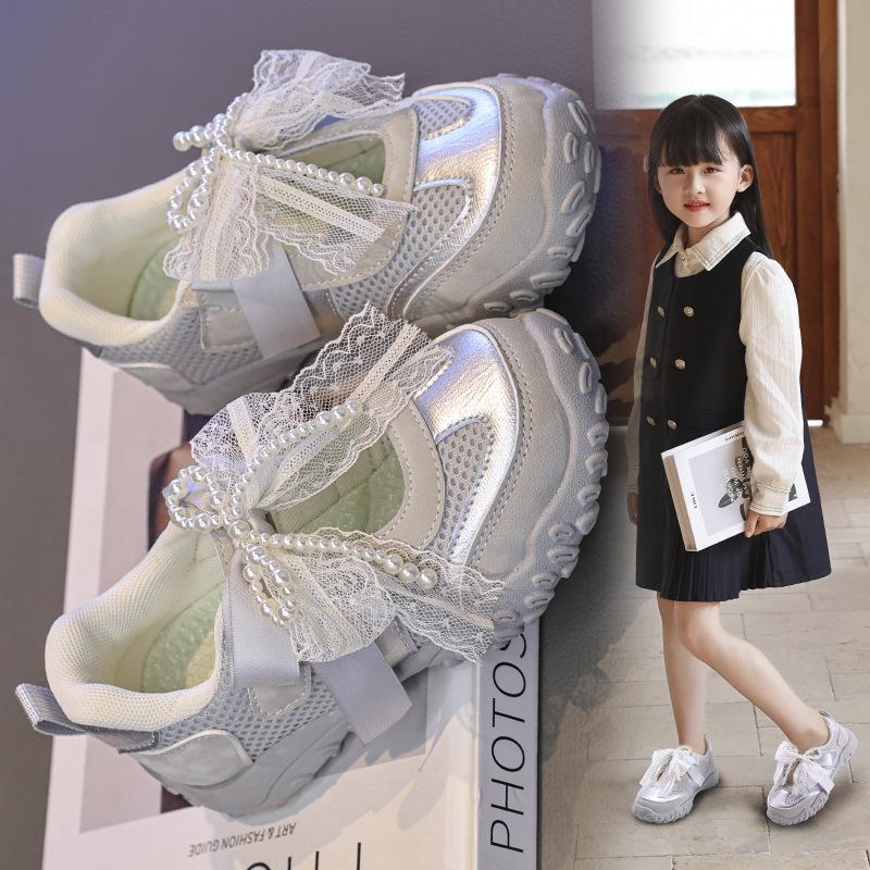 Lightweight Non-Slip Back To School Children Running Sandals Summer Kids Sport Sneakers for Girl Pearl Lace Mary Jane Flats