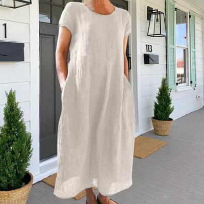 Letné maxi šaty s bočnými vreckami Okrúhly výstrih Krátke rukávy Voľné Jednofarebné Dĺžka po členky Retro šaty na každodenné nosenie Zoznamovanie Cestovanie