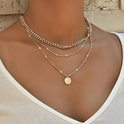 Cold Wind Disc Pendant Clavicle Neck Chain, Multi-layer Necklace, Chain Necklace