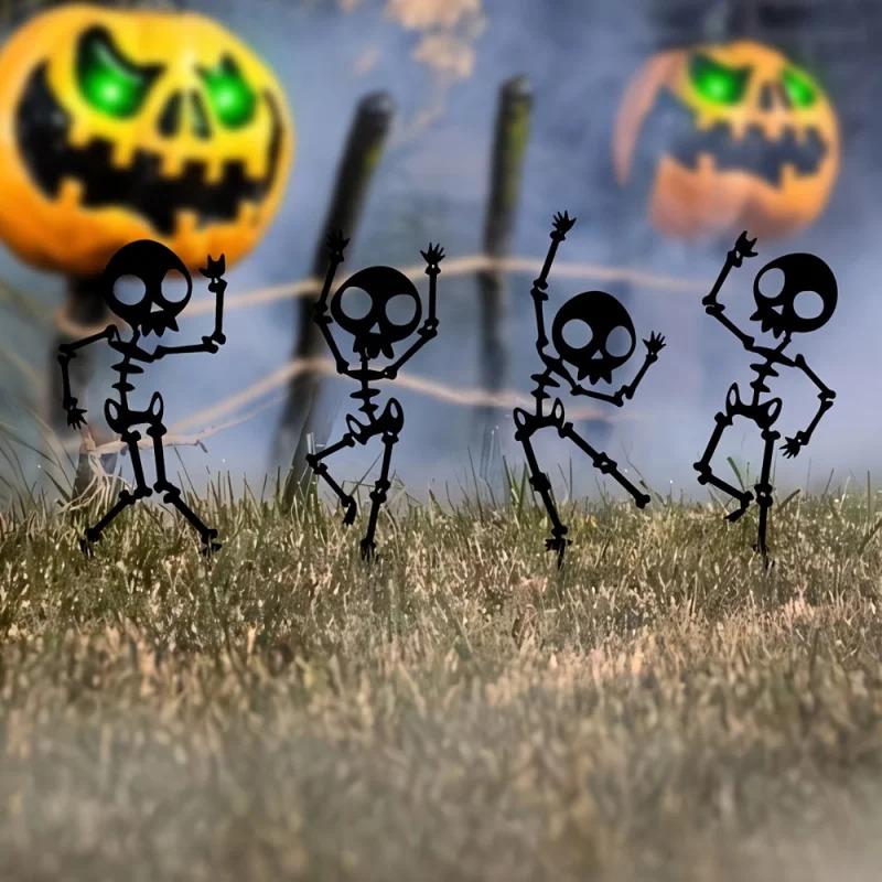 Dancing Skeleton Garden Stakes 4 Piece Set, Weatherproof Metal Yard Art, Halloween Decor in, Black Color