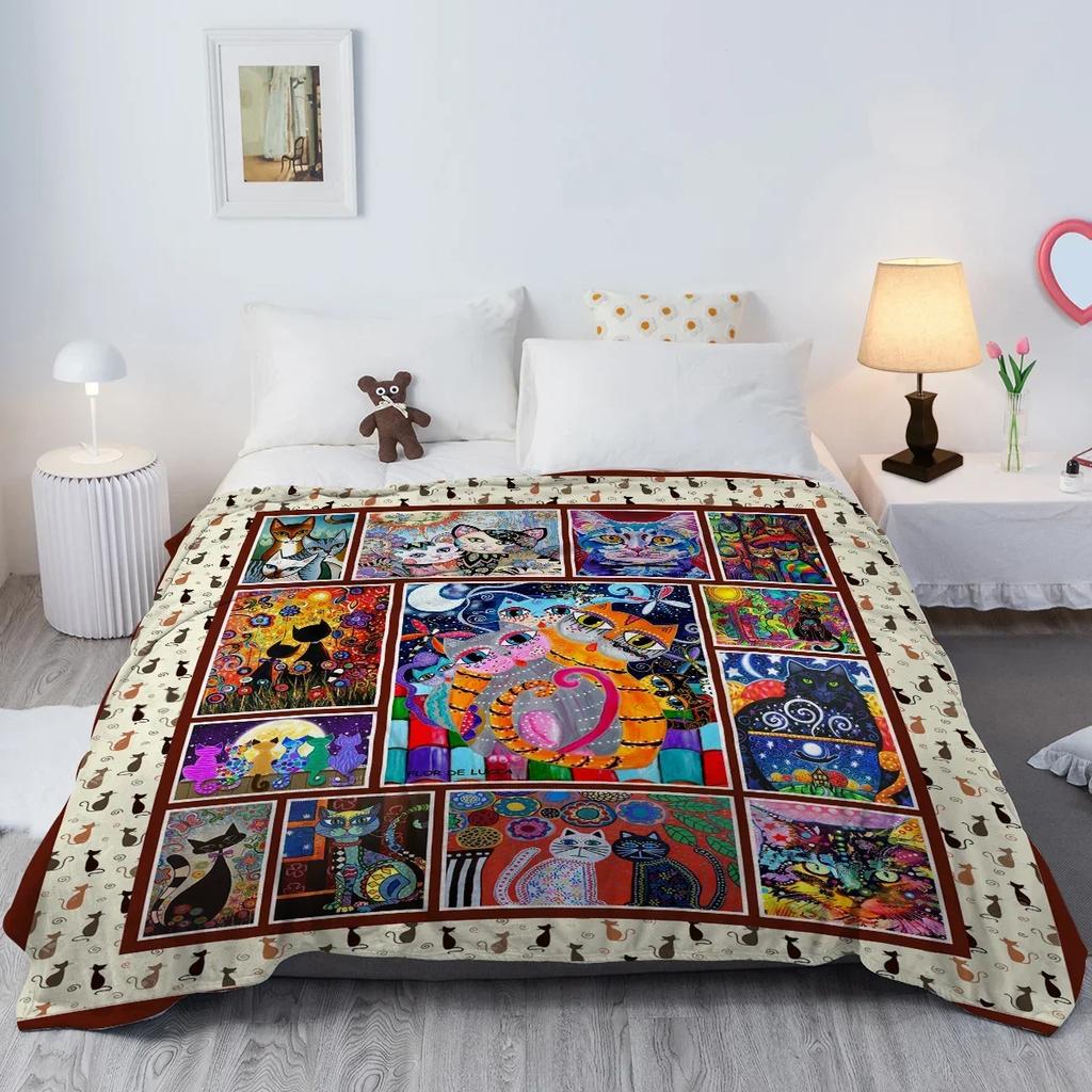 Colorful Cat Blanket Printed Throw Blanket Plush Fluffy Flannel Fleece Blanket Soft Throws for Sofa Couch and Bed
