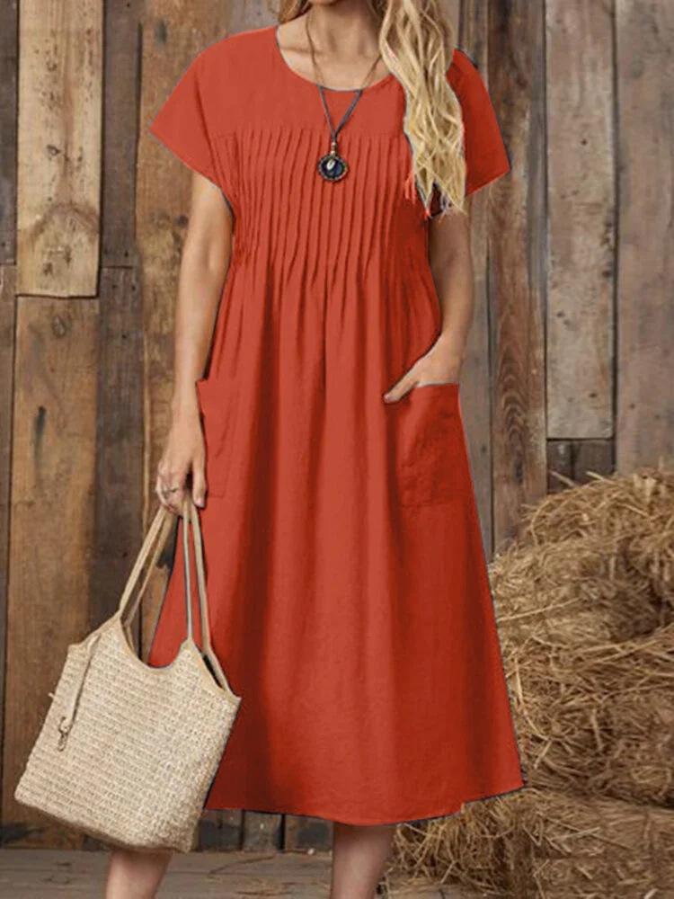 Rochie lungă de damă nouă, culoare uni, gât rotund, buzunar, plisată, mânecă scurtă, din bumbac și in
