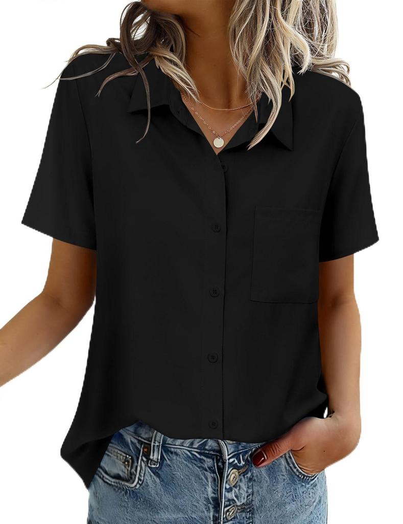 Chemise Boutonnée Manches Courtes Couleur Unie pour Femme - Haut Business Casual/Formel pour le Travail, Collection Printemps/Été 2026