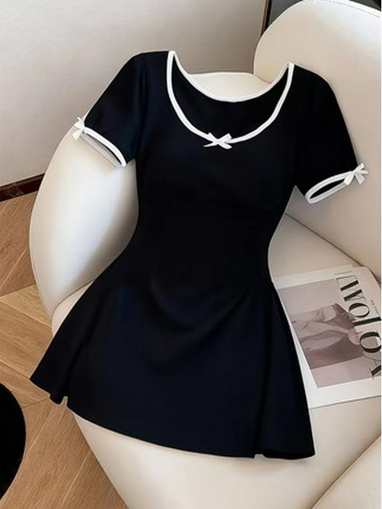 Women s Elegant Bow Color Block Dress 4XL чёрный