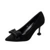 2025 New Spring Autumn Women's French High Heels - Pointed Toe Stiletto Low Heel, Elegant Black Bowknot Single Shoes XCY-6688-5