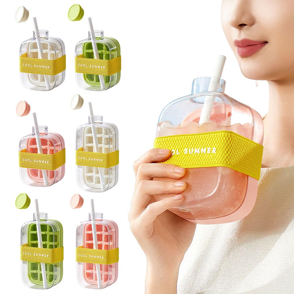 Portable Ice Cube Mold With Lid NO SPILL Ice Cube Tray NO-TOUCH Silicone Ice Cube Tray with Straw BBQ Home Kitchen Accessories