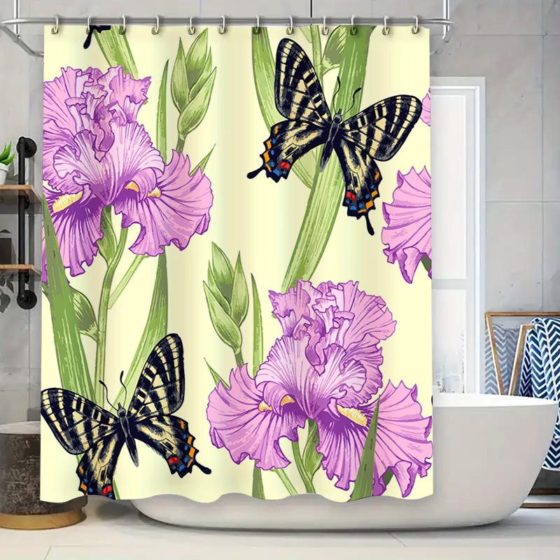 

Colorful Butterfly Iris Shower Curtain Bathroom Decor With Purple Flowers Size69X70 Inches For Home Use W60H190(CM)-1 Pcs