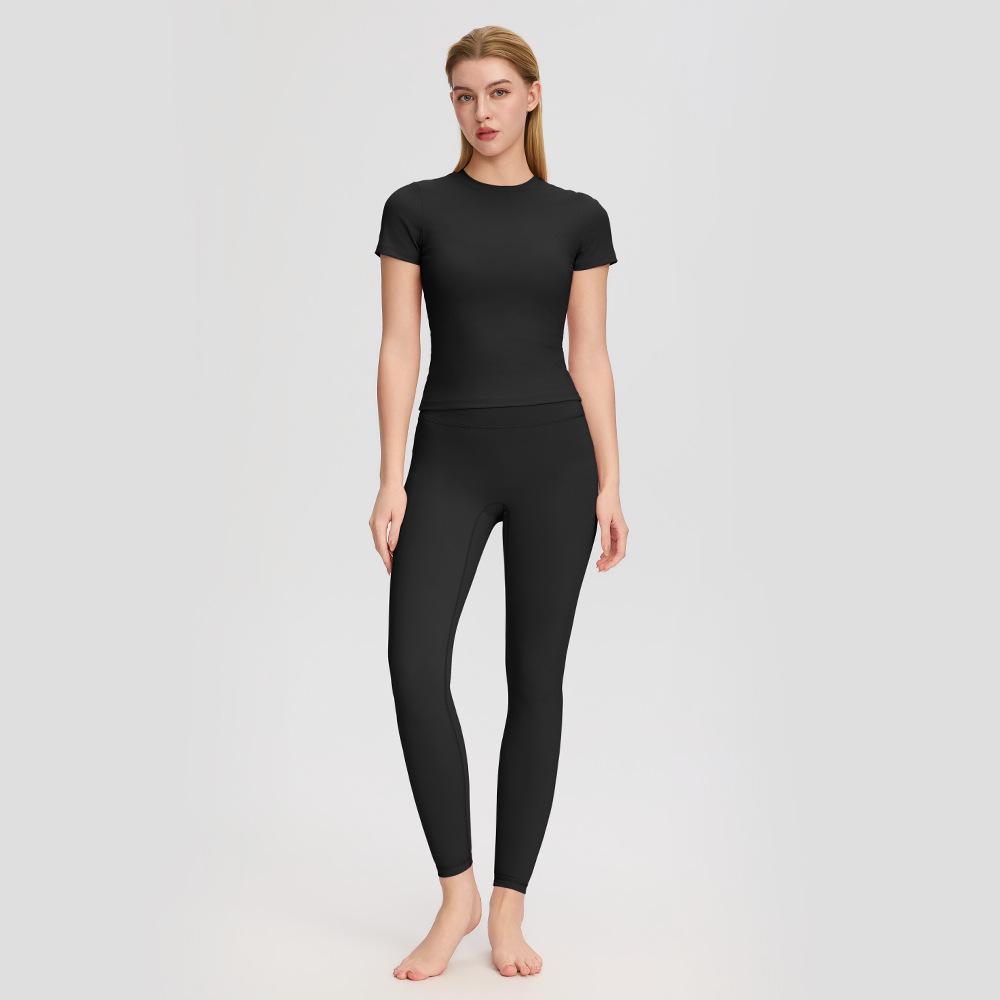 Bare-Feel Five-Piece Yoga Set: Long & Short Sleeve Tops, Chest Pads, Tight Slimming High-Waisted Pants.