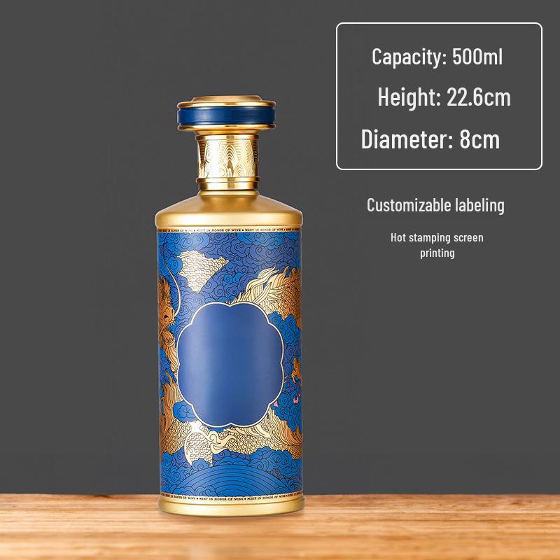High-Grade Dragon Pattern Baijiu Glass Bottle with Spray Paint, 500ml Capacity for Home Brewing and Wine Storage.