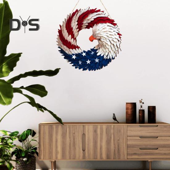 Patriotic Eagle Wreath 4th of July Wooden Decoration Indoor Outdoor Front Door Wall Hanging Independence Day Memorial Day Door Sign Pendant