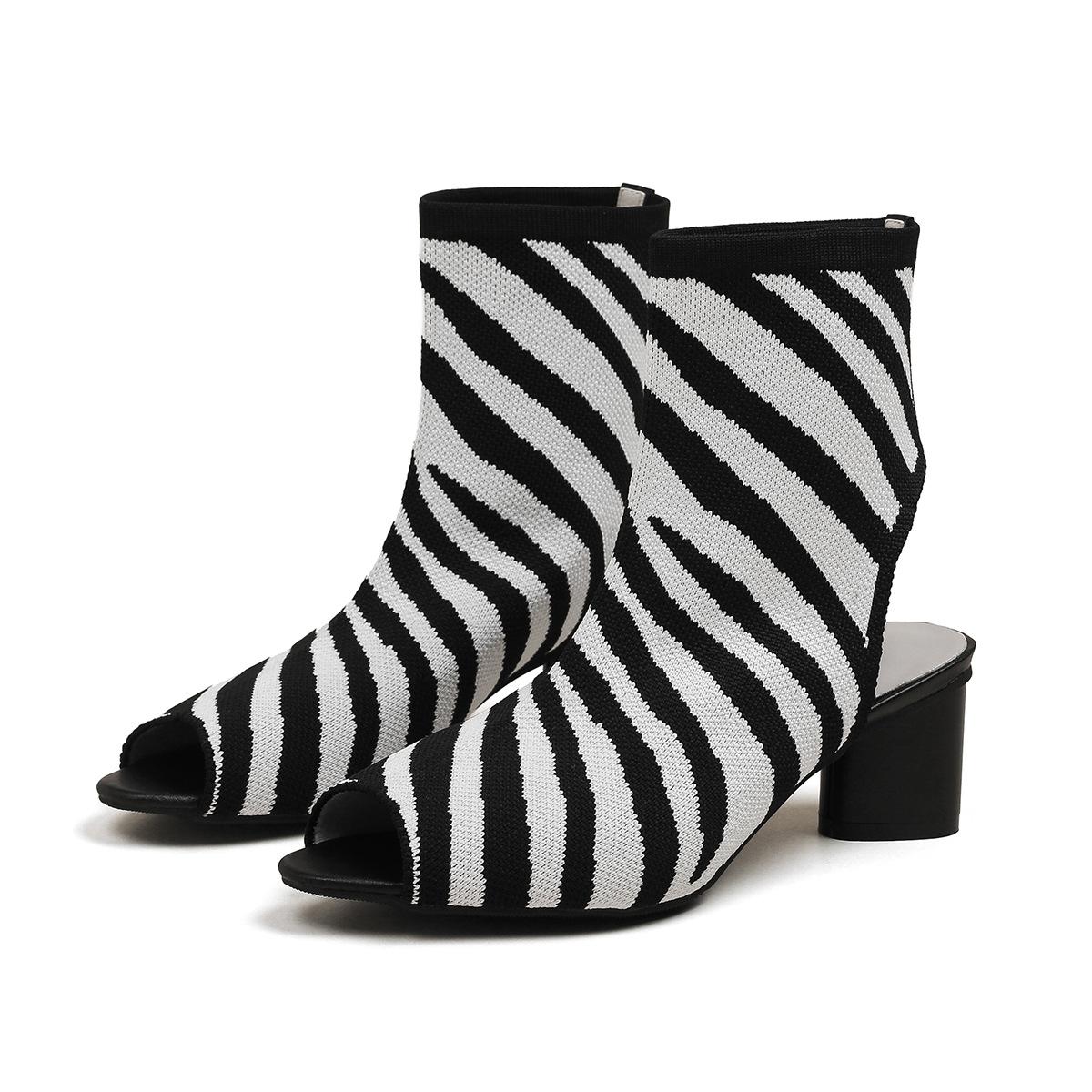 

Женские летние сапоги большого размера с острым носком на высоком каблуке, весенние повседневные туфли с короткими ремешками и толстой подошвой, эластичные трикотажные полые туфли 34-43 41